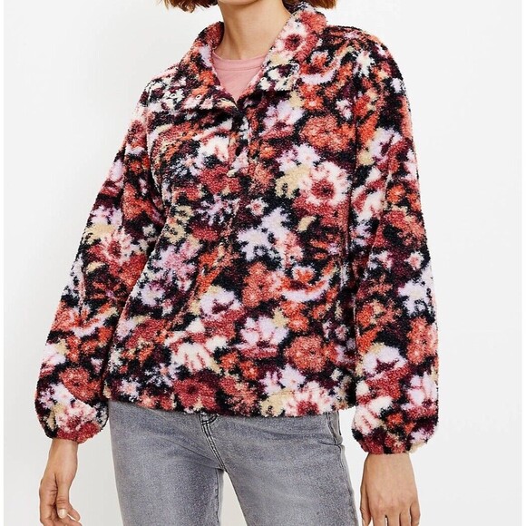 LOFT Floral Sherpa Snap Collar Blouson Sleeve Jacket- Med. Cottagecore Boho - Picture 1 of 7